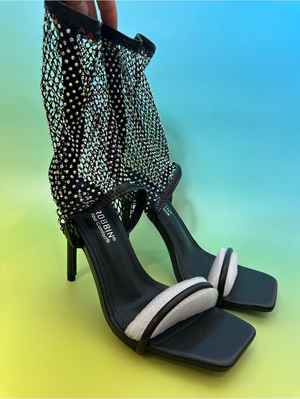 Cape Robbin Black Heeled Sandals Silver Crystal Mesh Strappy Heels